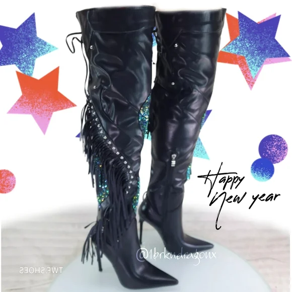 NWT BLACK LEATHER PEACOCK BLUE RHIBESTONE FRINGED TALL BOOTS